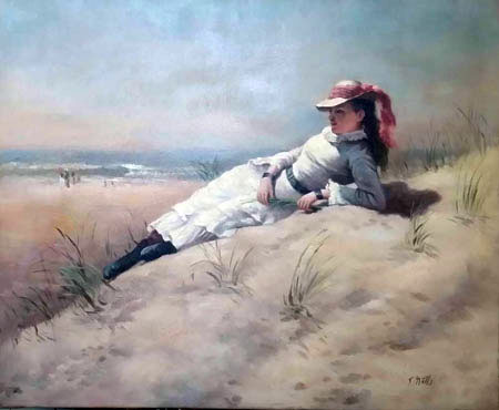 1443-T2 | 50cm x 61cm | femme alongée sur la plage 